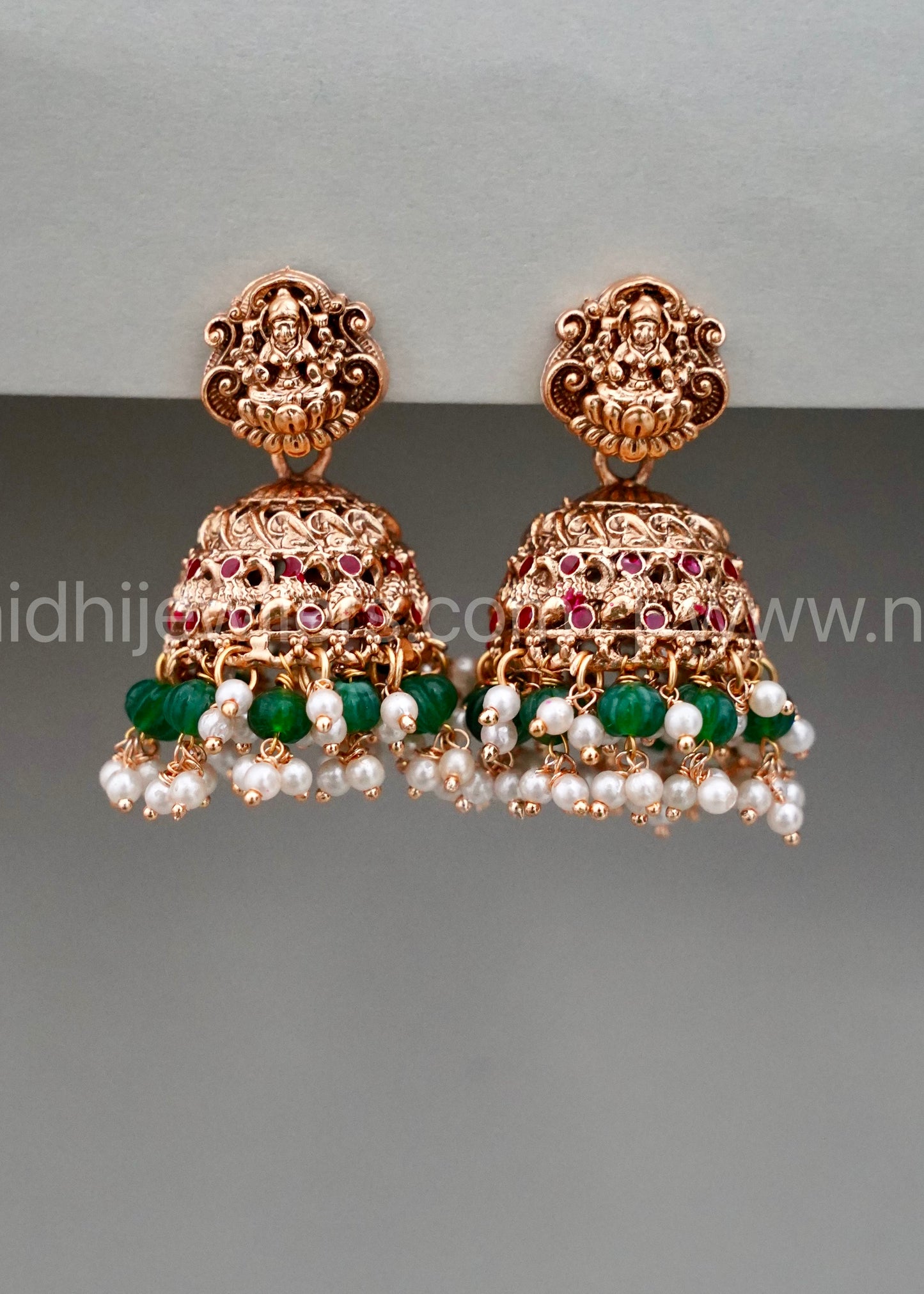 Lakshmi Jhumka with green and white beads