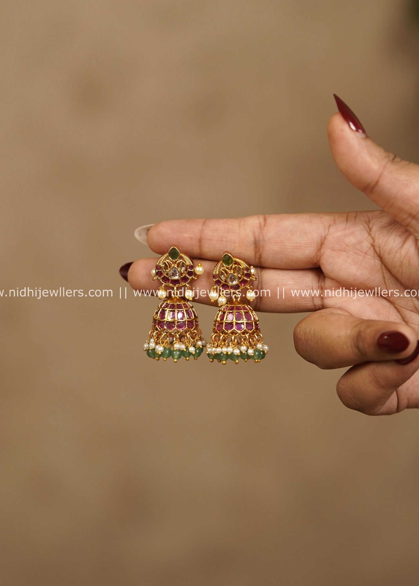 Kemp Stone & Emerald Bead Studded Jhumka Earrings – Subhadra