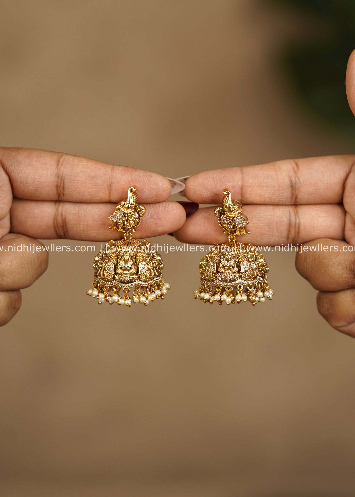 Grand Antique Goddess Lakshmi & Peacock Bridal Jhumka Earrings with Pearls – Lakshmika