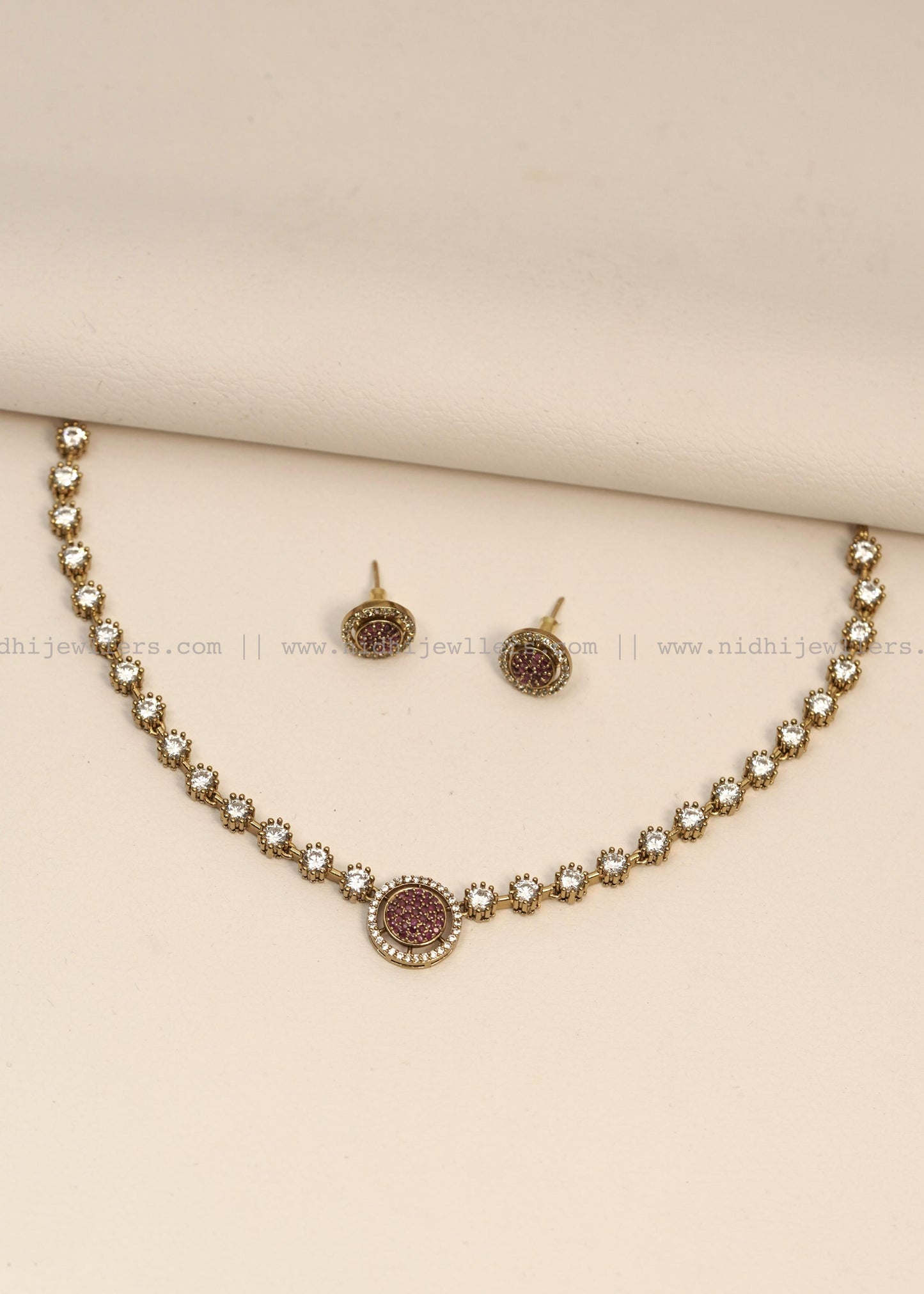 Minimalist Circular Ruby-Pink Crystal Necklace Set (with Studs) -Kaveri