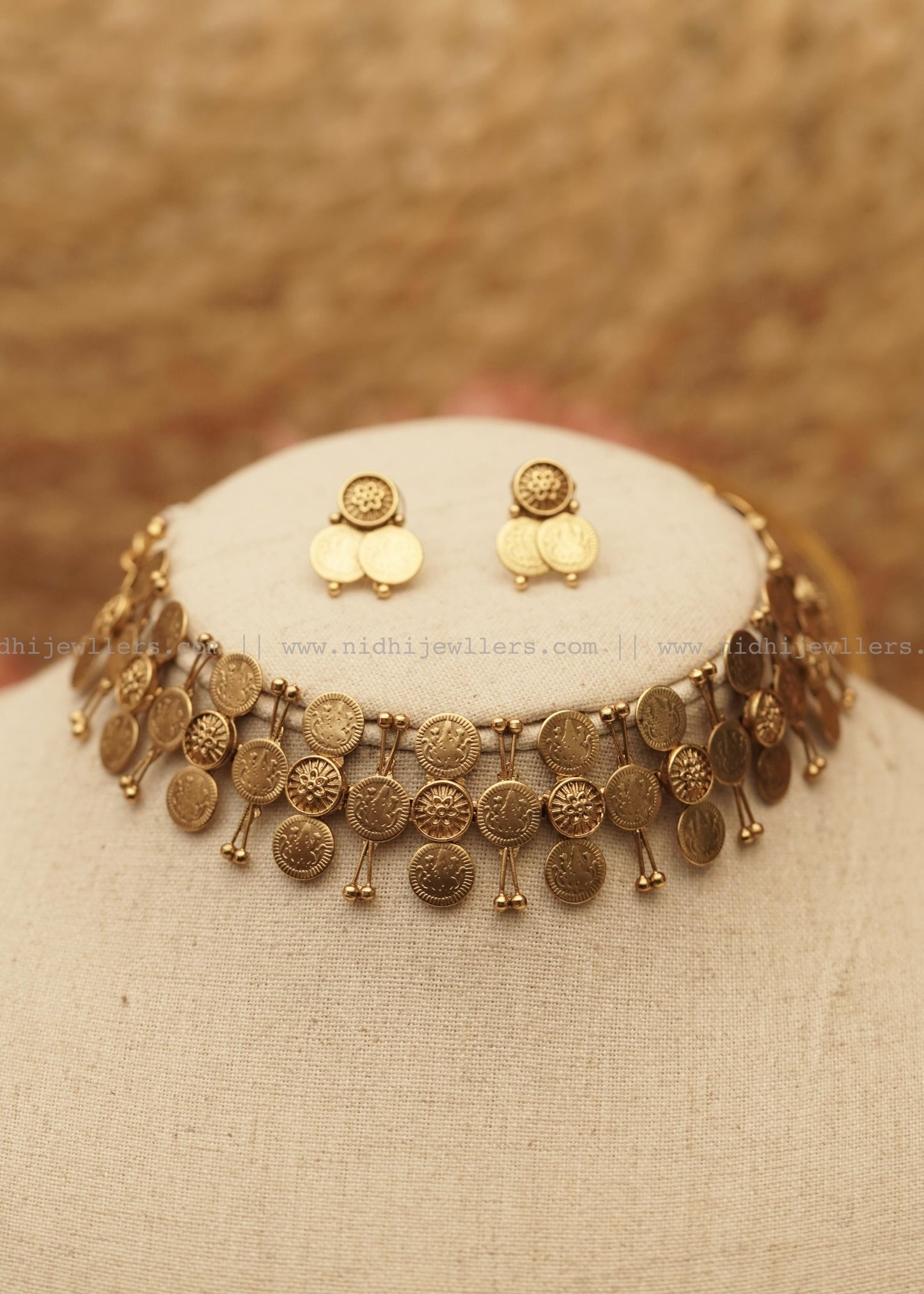 Antique Pure Gold-Tone Structural Kasu Choker Set (with Earrings)-Kanti