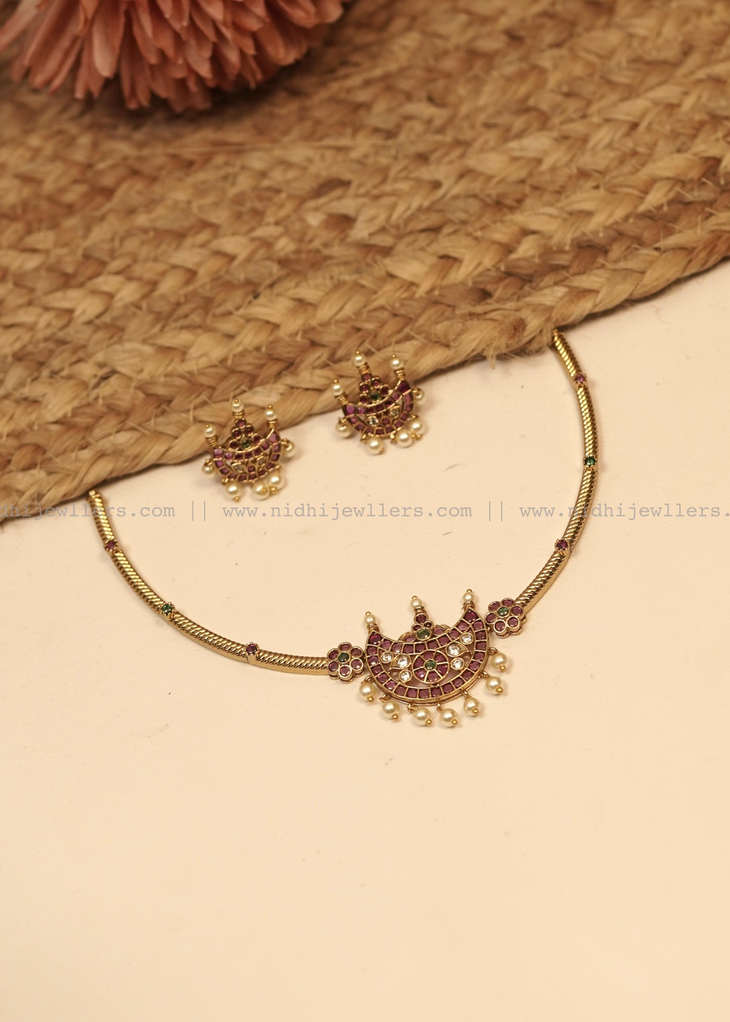 Antique Kemp Stone Crescent Moon necklace Set (with Earrings) -Chandrika