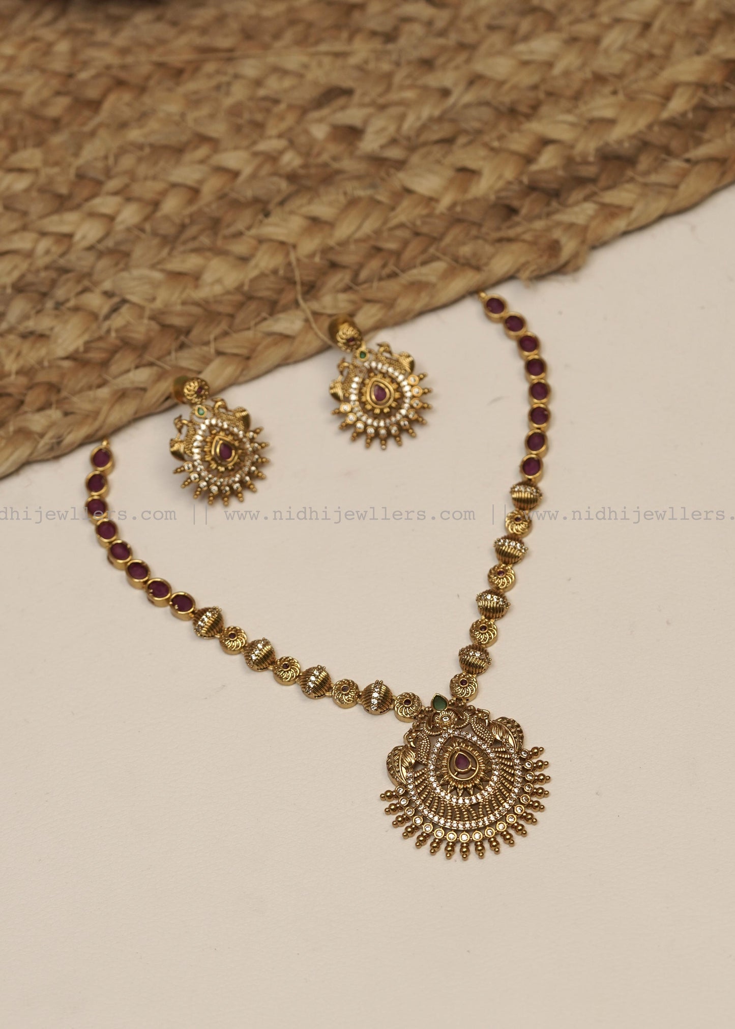 Premium Antique Teardrop Ruby Pendant Necklace Set (with Earrings) - Pallavi