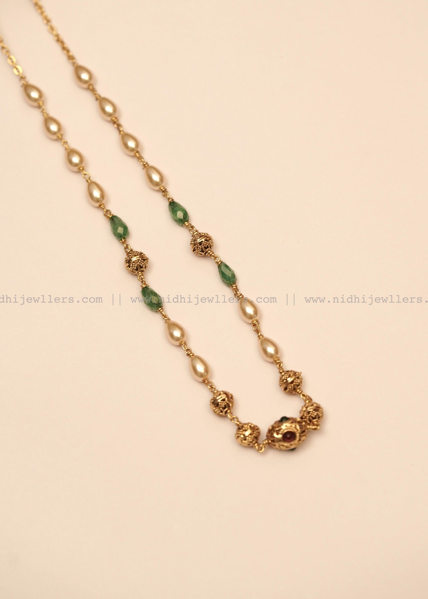 Antique Teardrop Rice Pearl and Filigree Single-Strand Mala Necklace- Avani