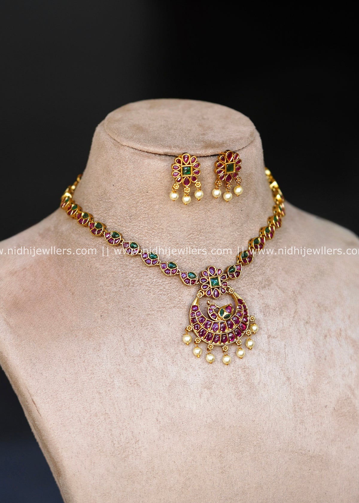 Grand Antique Peacock Crescent Kemp & Jadau Kundan Necklace Set – Tanaya