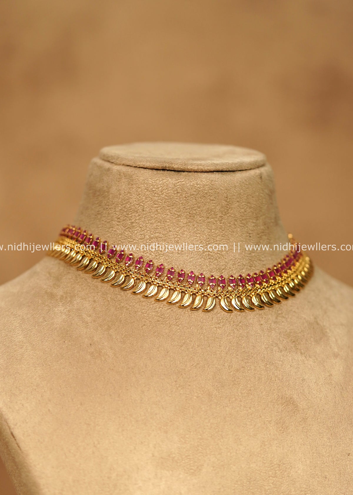 Real Gold Plated Ruby Kemp & Mango Leaf Motif Choker – Aaradhya