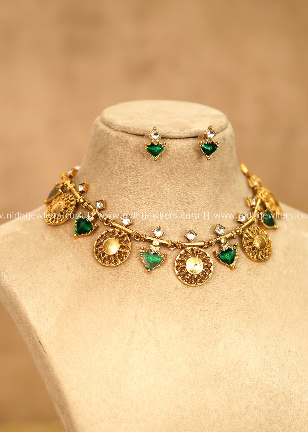Antique Green Enamel & Geometric Medallion Choker Set – Anupama