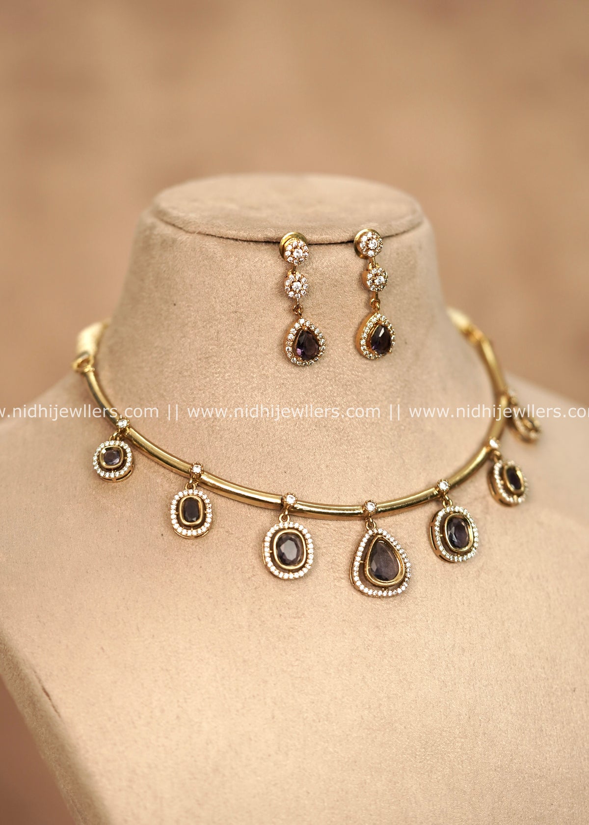 Premium AD & Smoky Drop Delicate Hasli Necklace Set – Emil