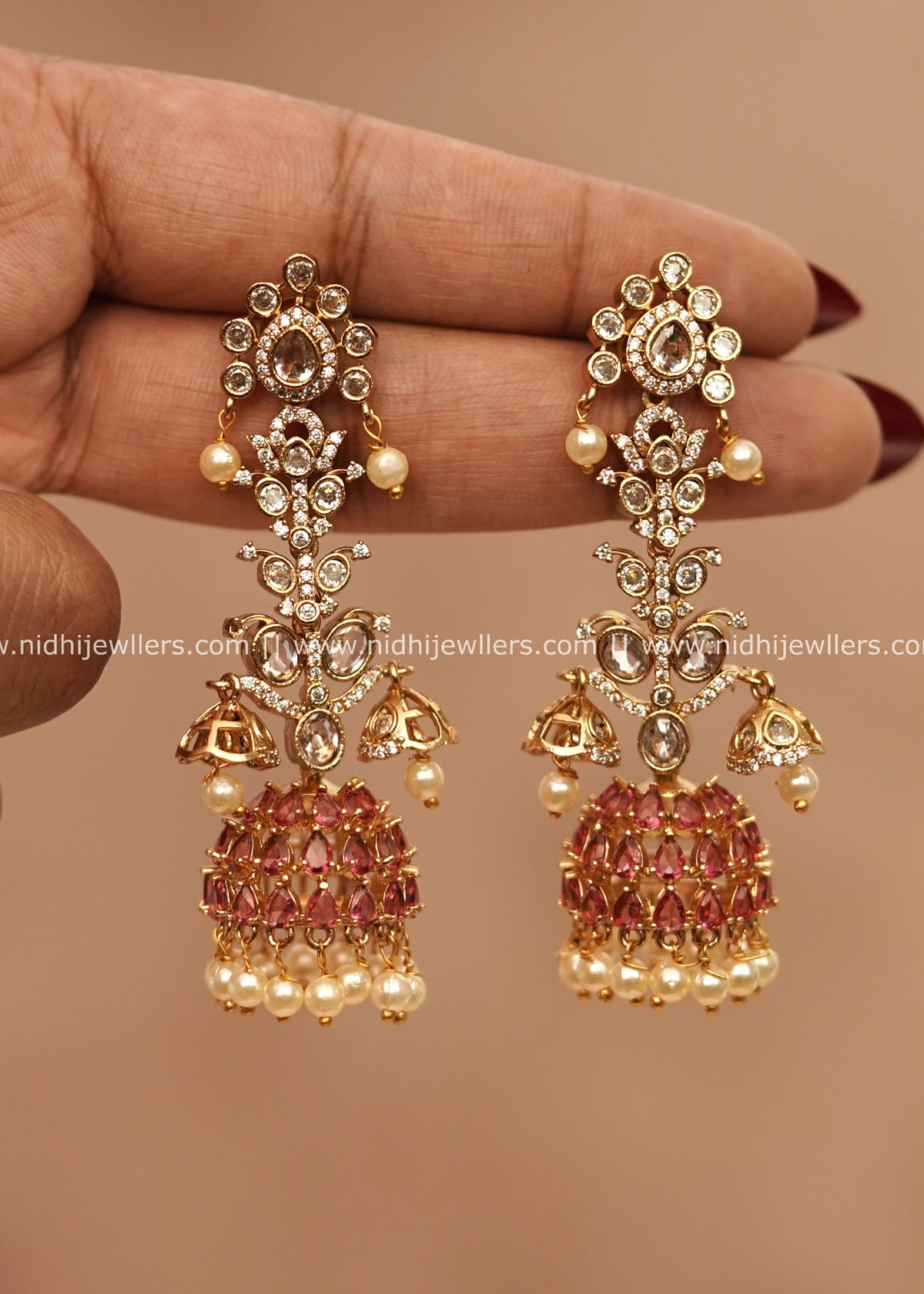 Grand AD & Pink Stone Multi-Tier Statement Jhumka Earrings – Nova