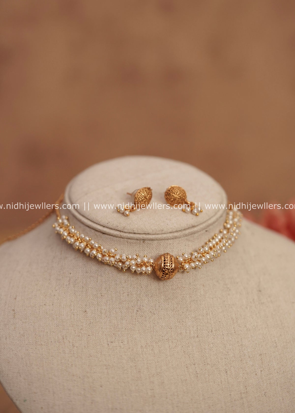 Delicate Multi-Strand Pearl & Gold Filigree Bead Choker Set – Drishya