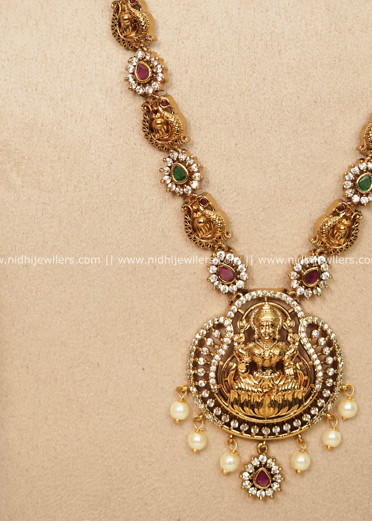 Grand Antique Temple Goddess Lakshmi Pendant Long Haram Set – Mahalakshmi
