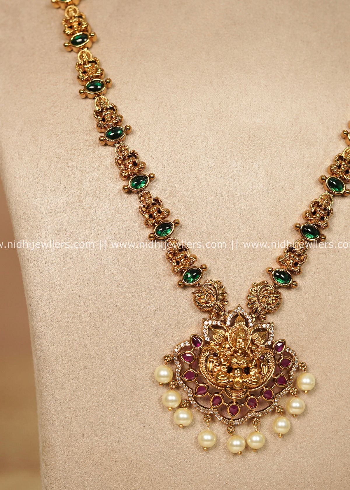 Grand Antique Temple Goddess Lakshmi Pendant & Jhumka Haram Set – Devyani