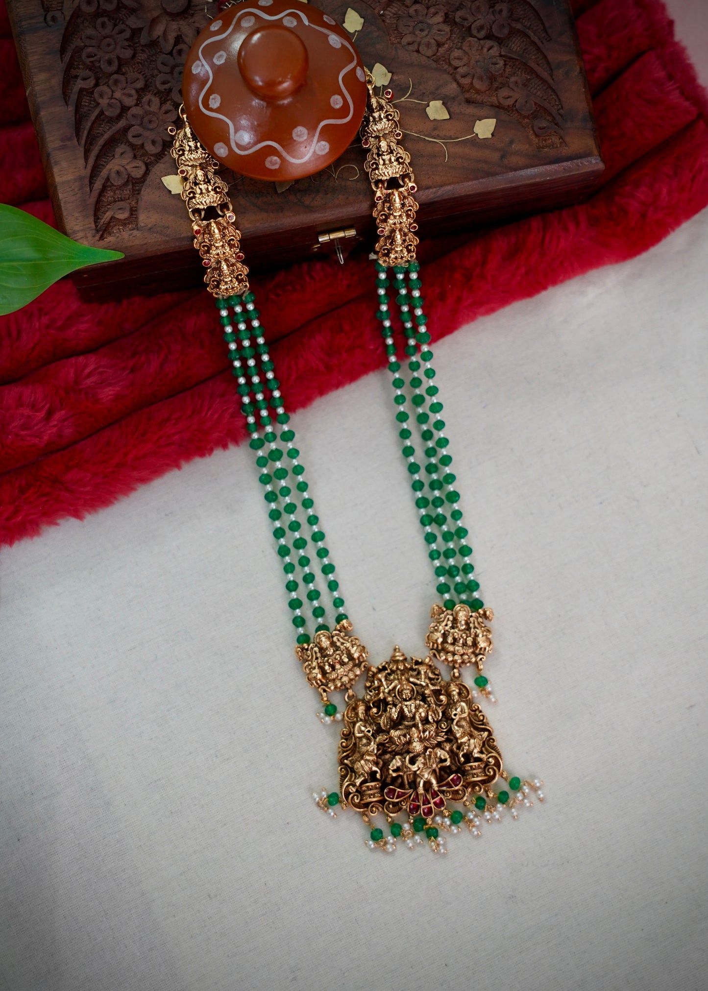 Lakshmi haram with four layer green beads