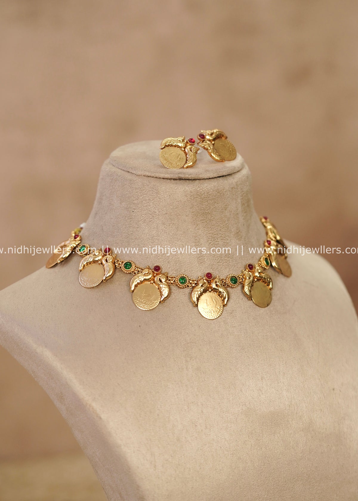 Traditional Gold Plated Peacock & Goddess Lakshmi Kasu Choker Set – Anamika