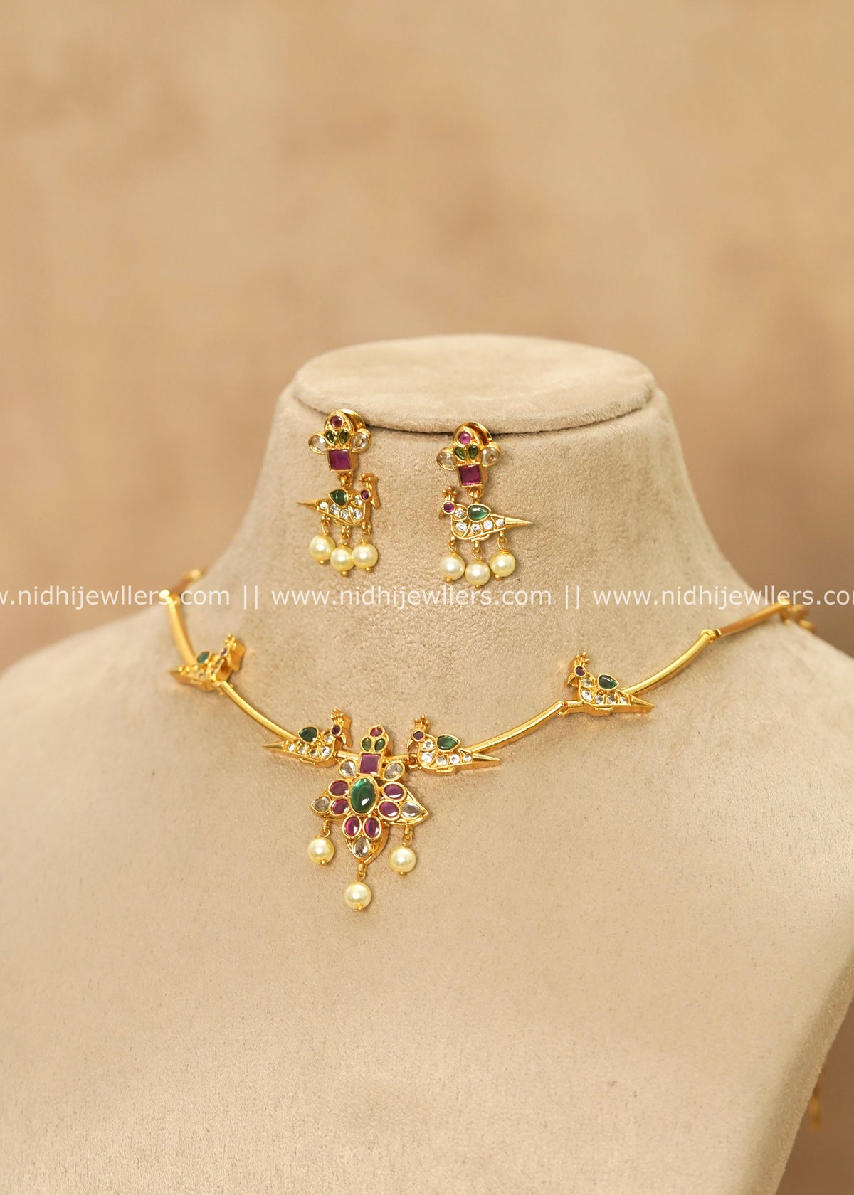 Traditional Peacock Motif Kemp & Uncut CZ Hasli Necklace Set – Milna