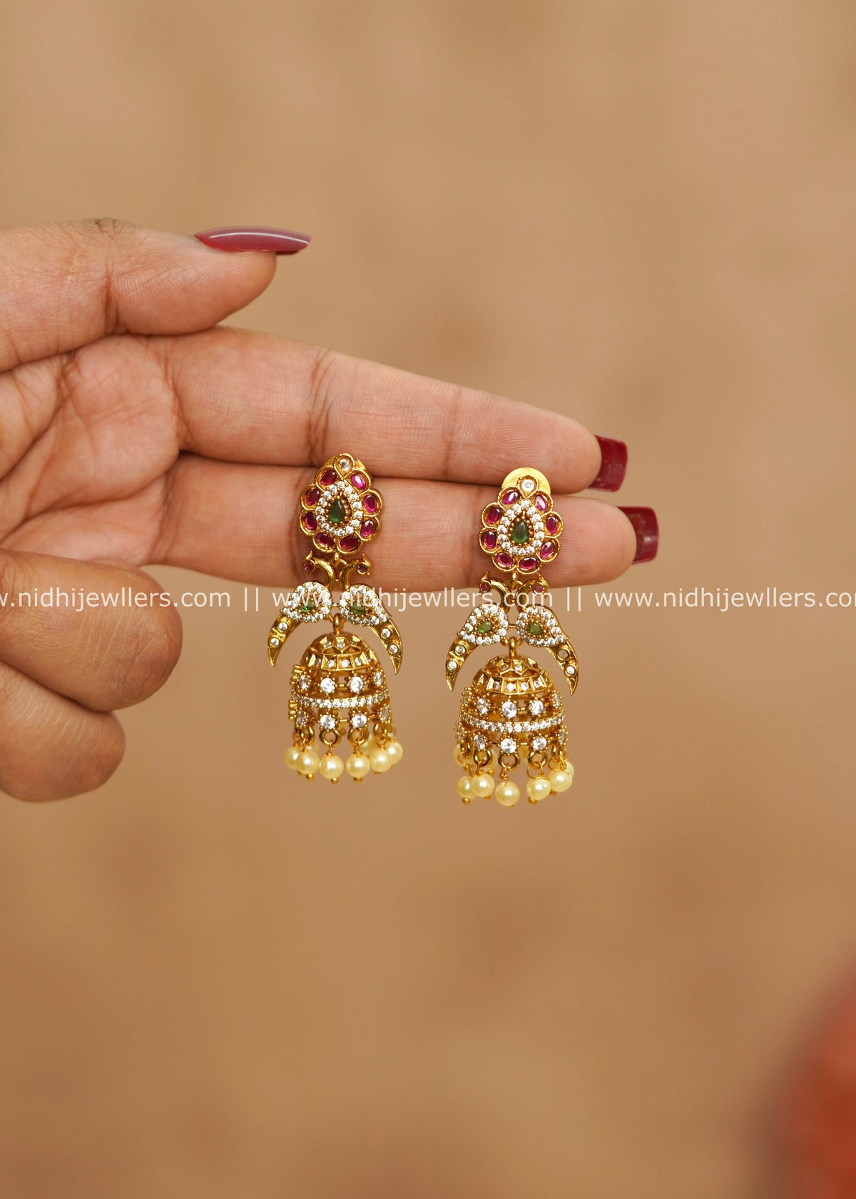 Antique Floral Rosette & Peacock CZ Jhumka Earrings – Ranjini