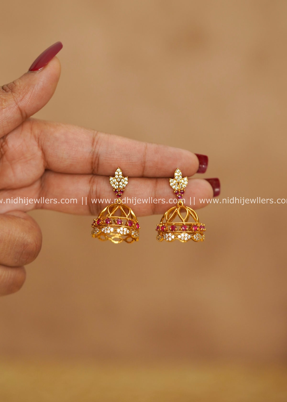 Delicate Leaf Top Openwork CZ & Ruby Kemp Jhumka Earrings – Tessy