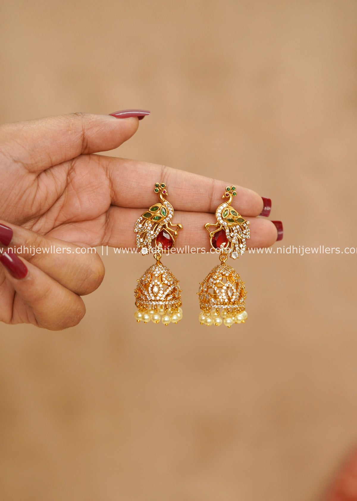 Antique Sculpted Peacock CZ & Kemp Jhumka Earrings – Nalini