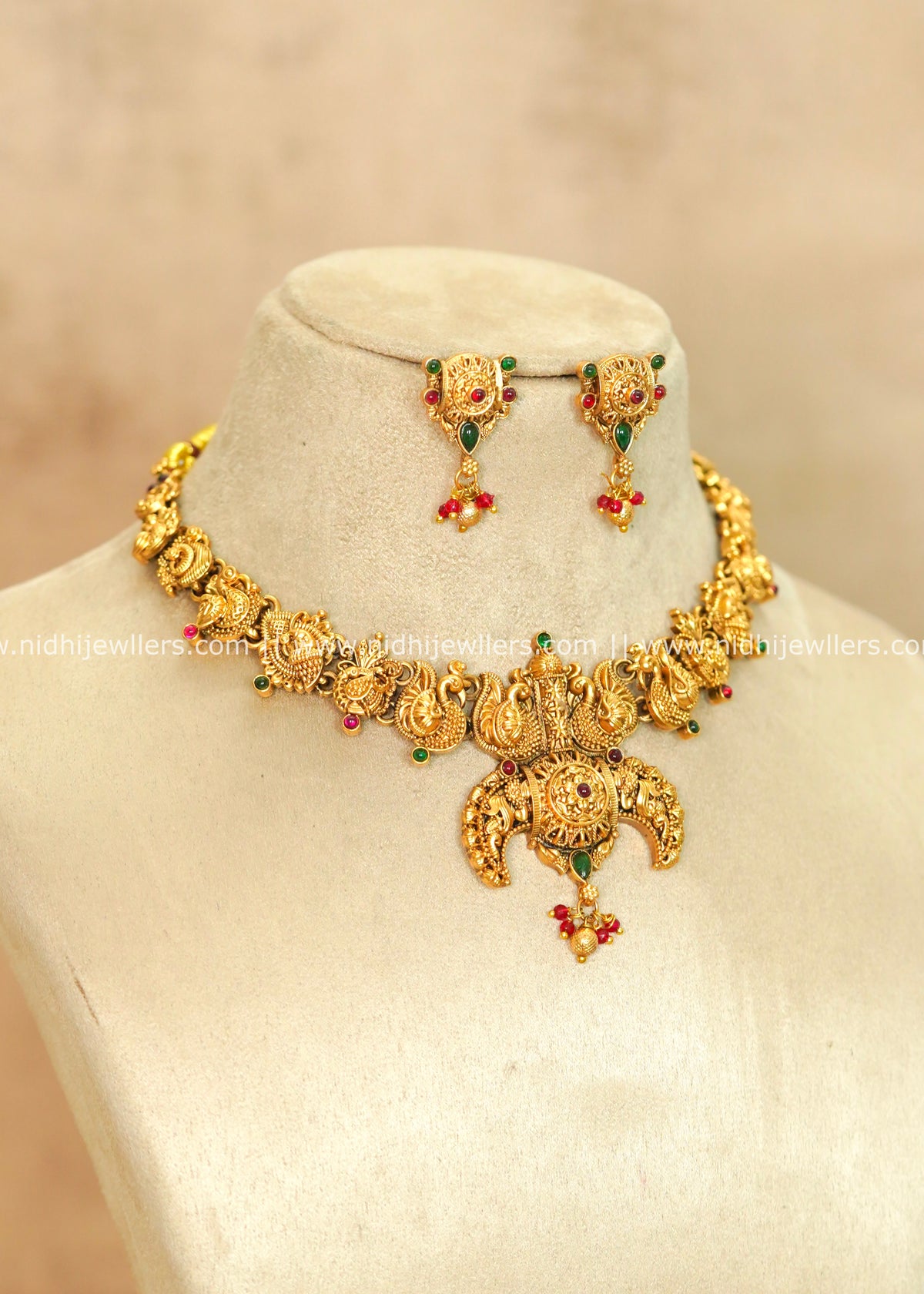 Intricate Antique Nagas Peacock Short Necklace Set – Riddhi