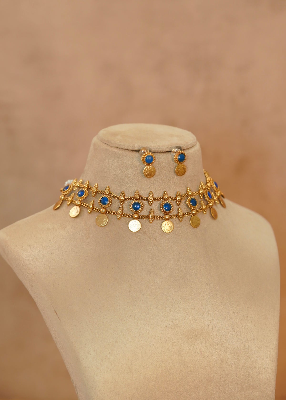 Intricate Antique Blue Enamel Kasu Choker Set – Dhanvi Blue