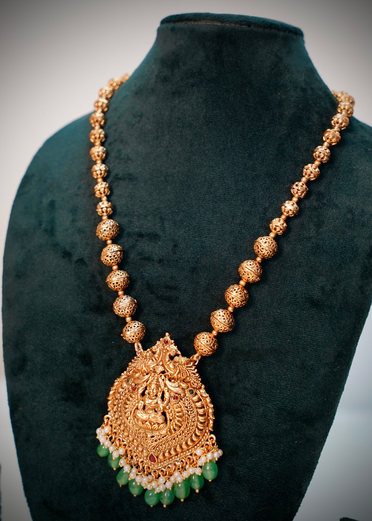 Premium Lakshmi haram with green Victorian beads