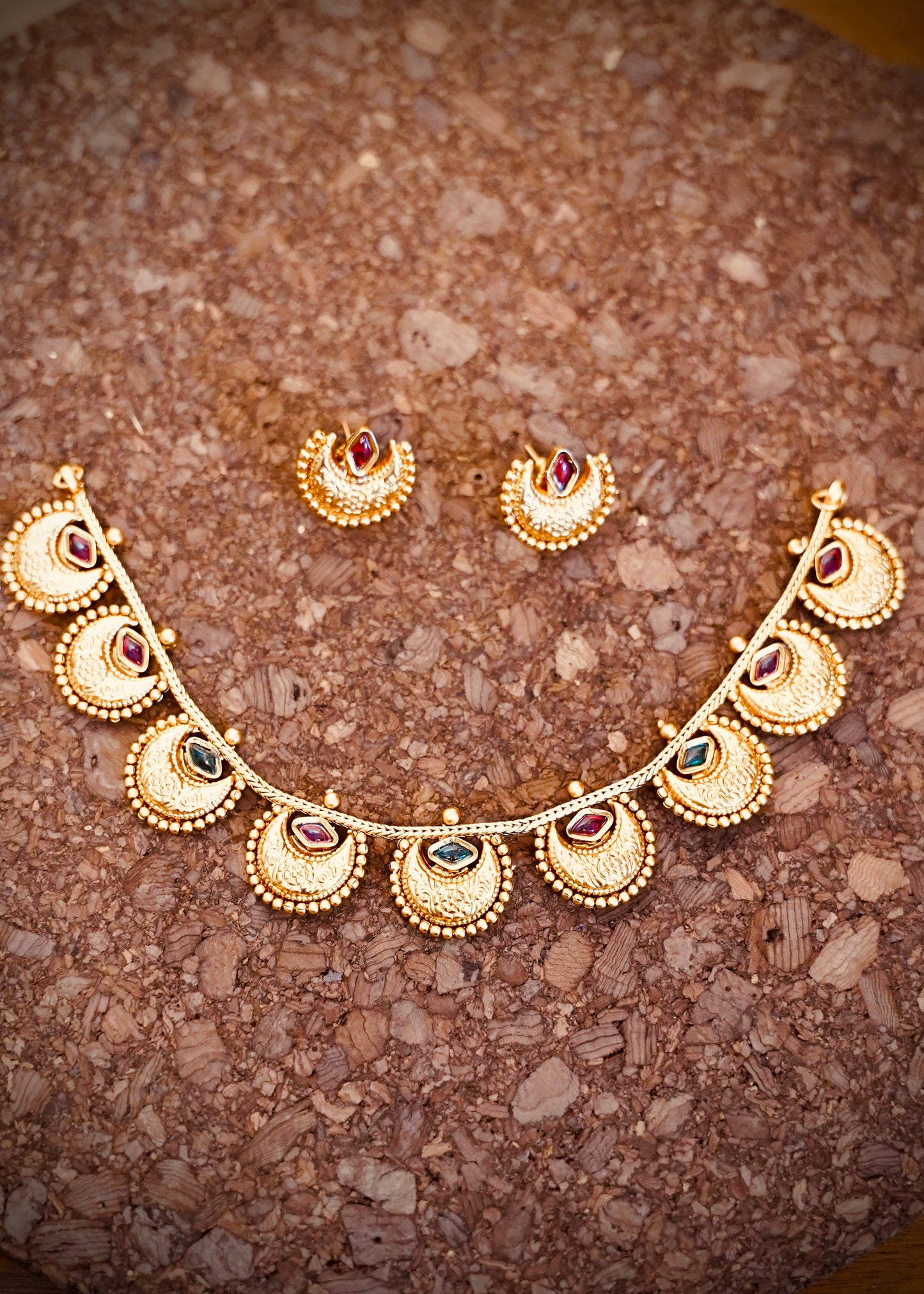 Traditional half moon Necklace -Green and Red