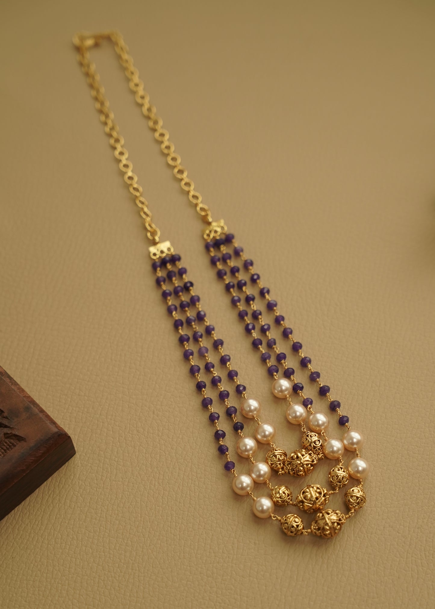 Real gold polished Blue beads layered perl haram