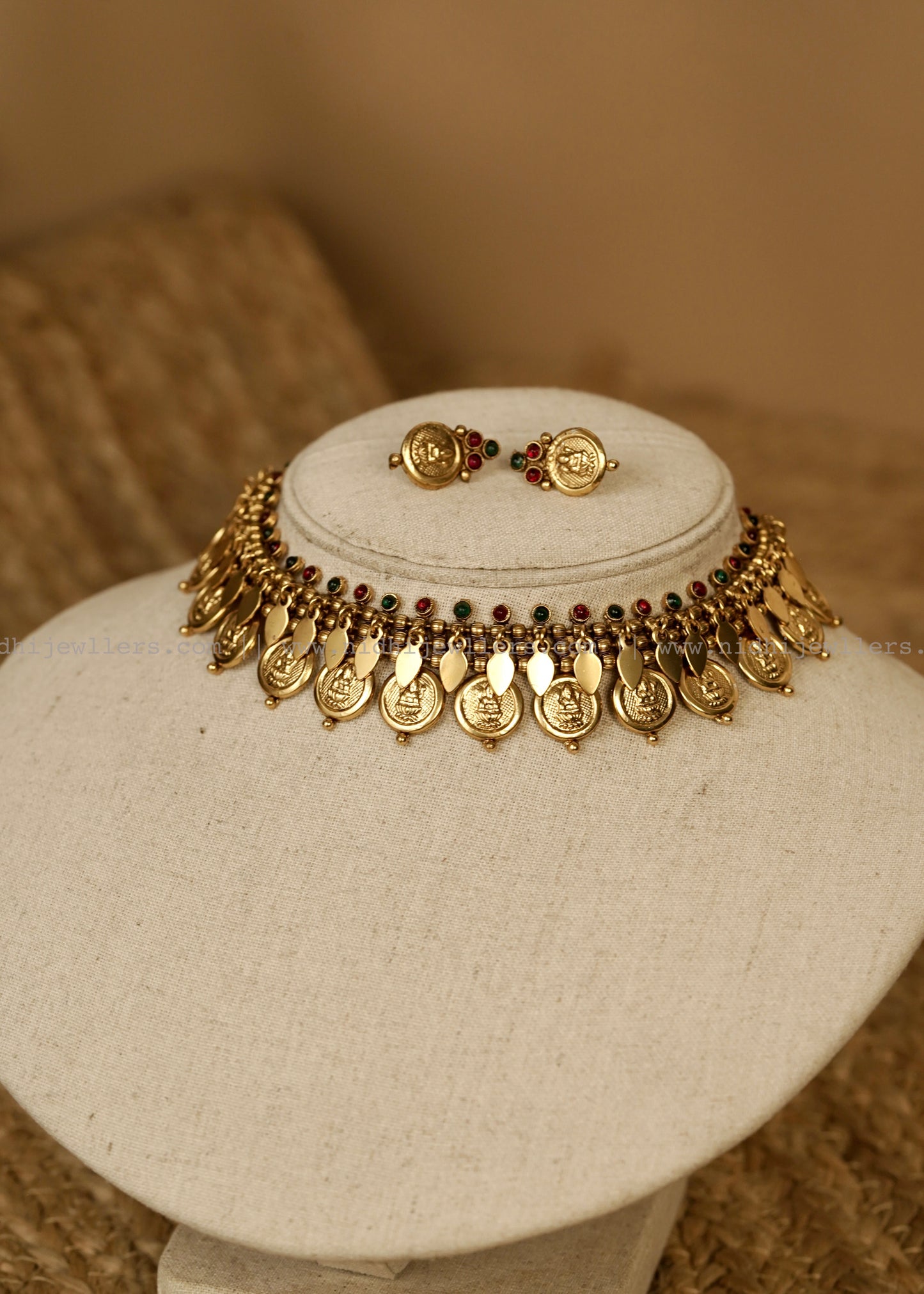 Antique Kasu Elakkathali Fusion Choker Set with Matching Coin Earrings- Multicolor