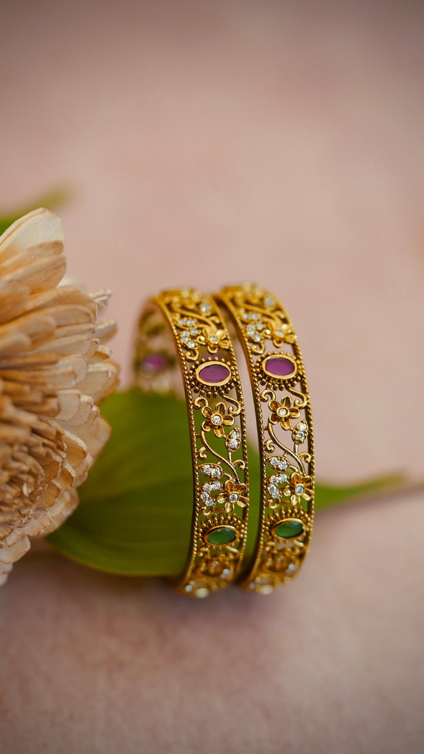 Premium Royal Garden Bangles – Intricate floral vines with red and green gem detailing.