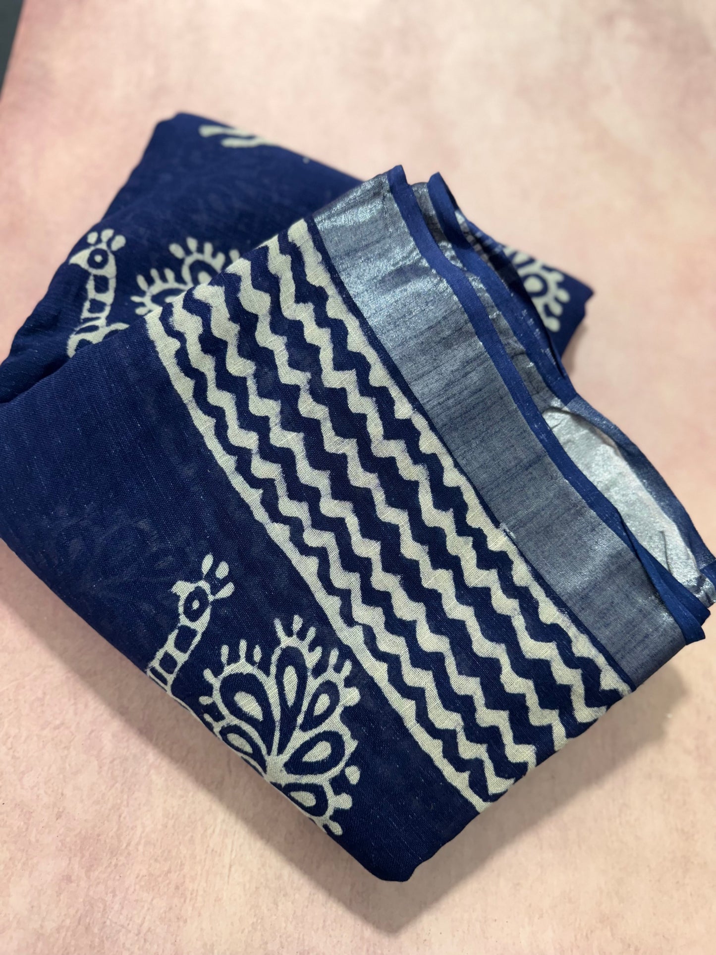 Indigo Linen cotton saree with silver thread border
