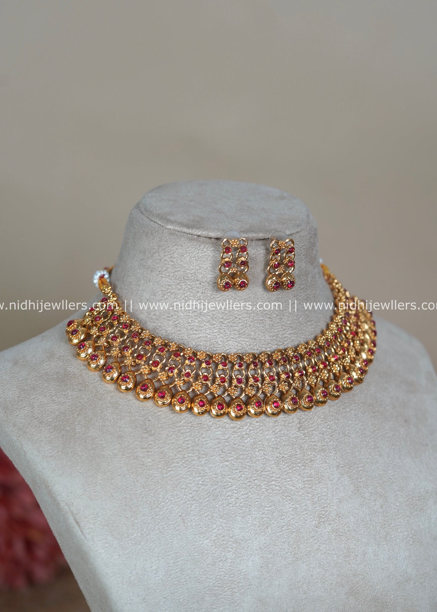 Antique Polished Ruby Lattice Choker Set with Mango Drops - Prisha