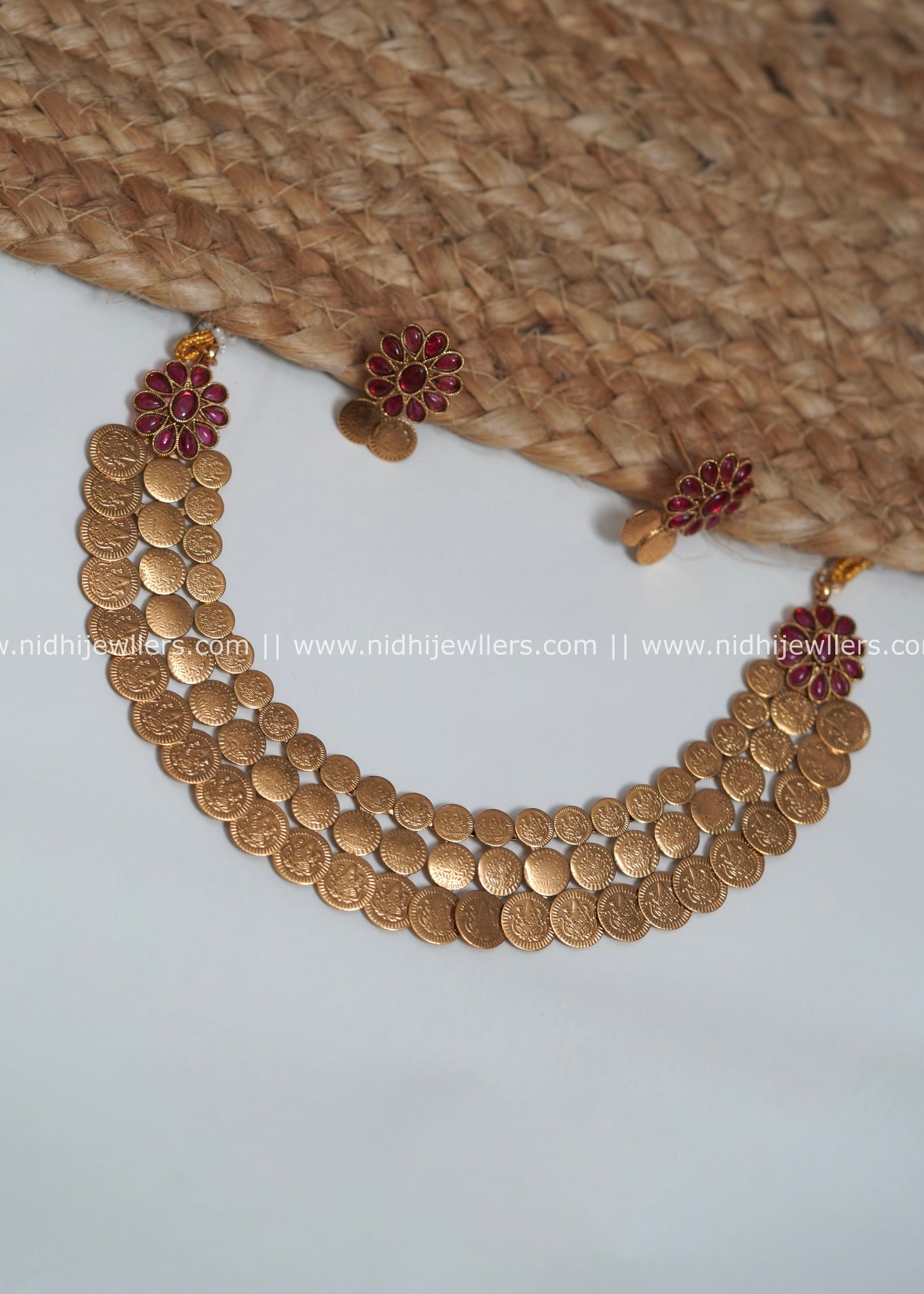 Antique Matte Two-Row Kasu Coin Necklace Set with Ruby Floral Accents - Siya