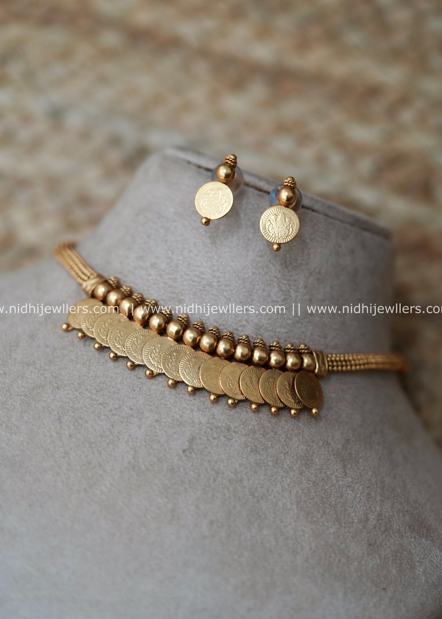 Antique Matte Kasu Coin Fringe Choker Set with Lakshmi Studs - Gouri