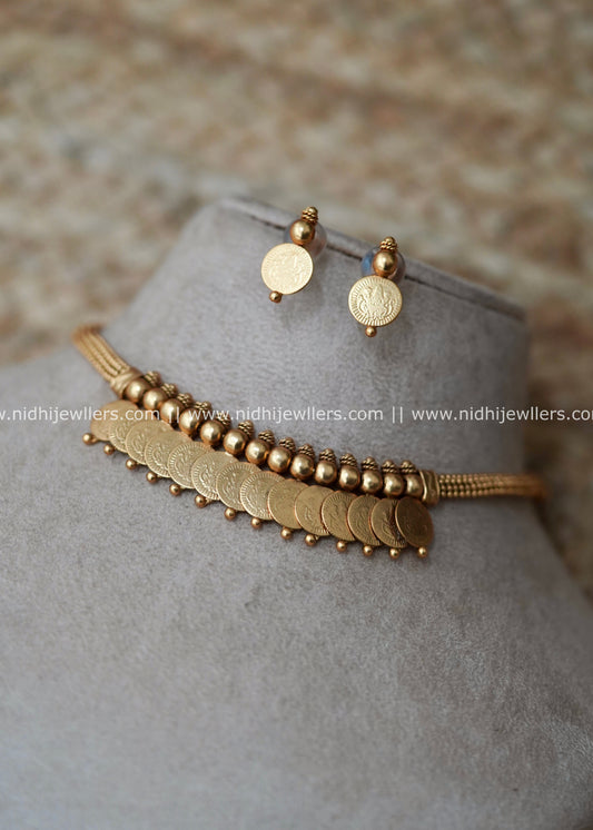 Antique Matte Kasu Coin Fringe Choker Set with Lakshmi Studs - Gouri