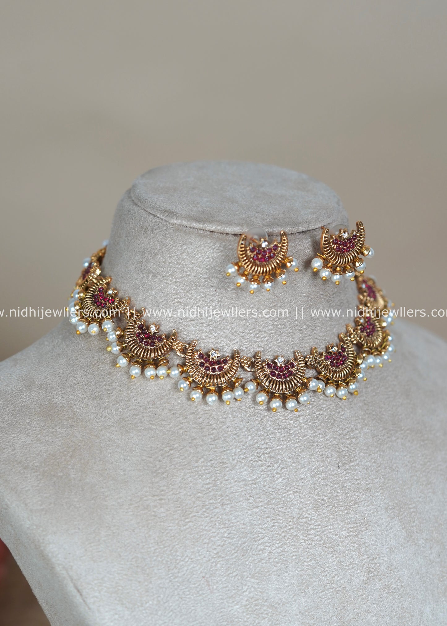 Chandbali Crescent Necklace Set with Ruby-Red Stones and Pearl Drops - Samaira