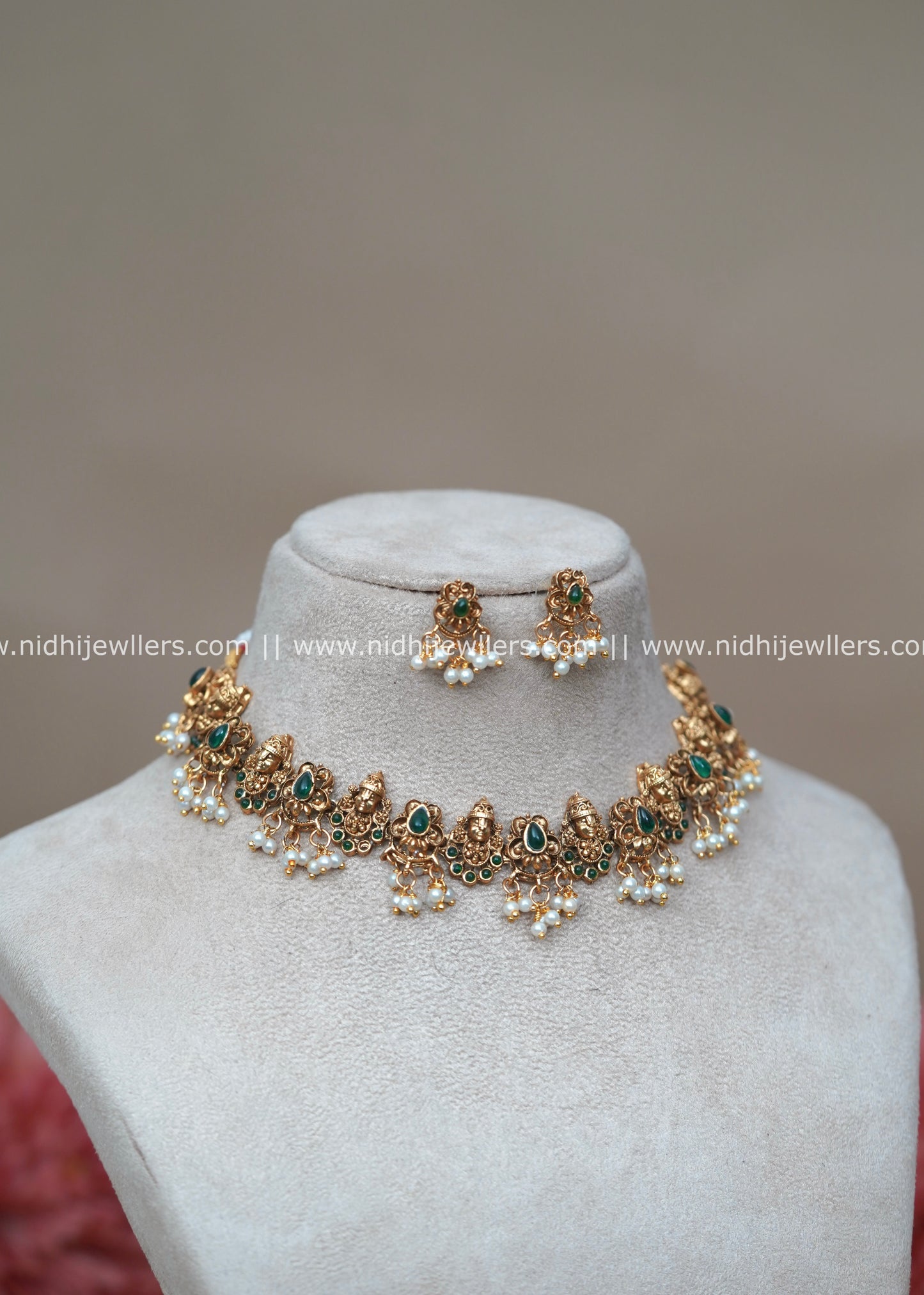 Antique Matte Lakshmi Temple Choker Set with Emerald Accents - Shalini