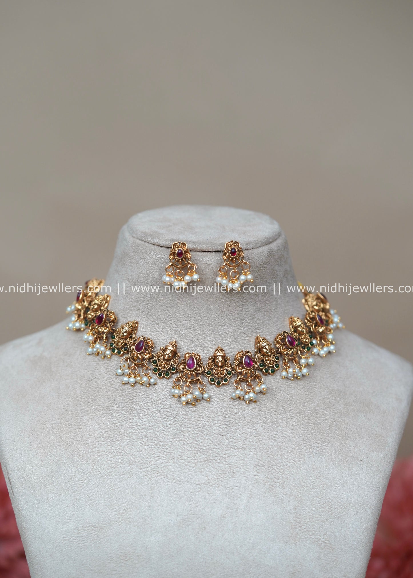 Antique Matte Lakshmi Temple Choker Set with Ruby and Emerald Accents - Shalini