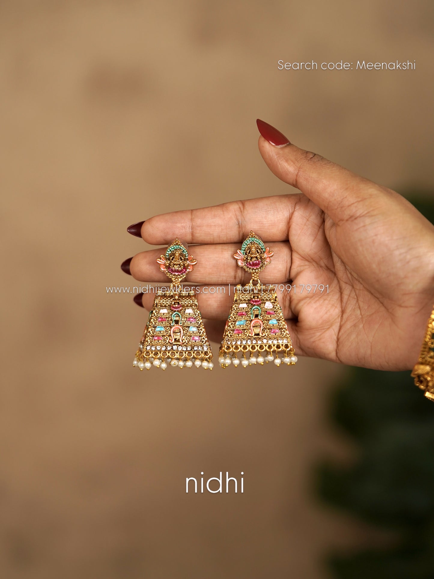 Gopuram Style Antique Goddess Lakshmi Jhumka Earrings with Pastel Enamel & Pearl Drops -Meenakari work– Meenakshi