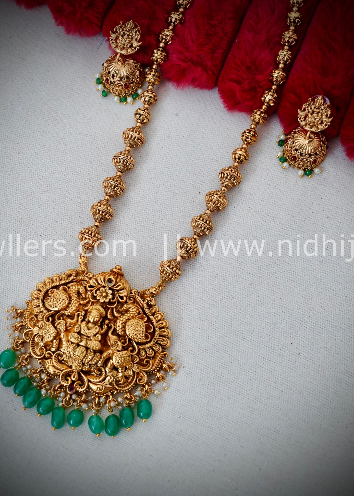 Premium Lakhmi haram with green beads