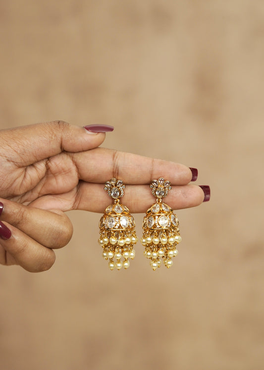 Celebrity-Inspired Uncut Polki & Pearl Cluster Statement Jhumka Earrings – Ammu