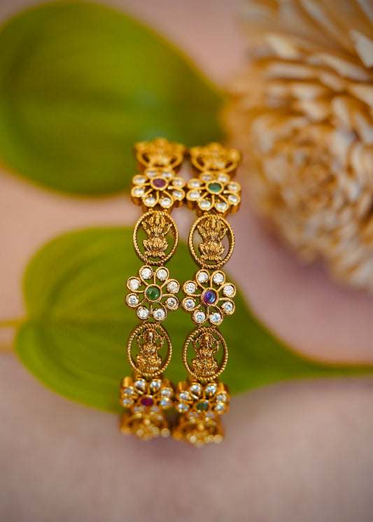 Floral Charm Bangles – Beautiful flower-shaped motifs with white stones and colored centers.