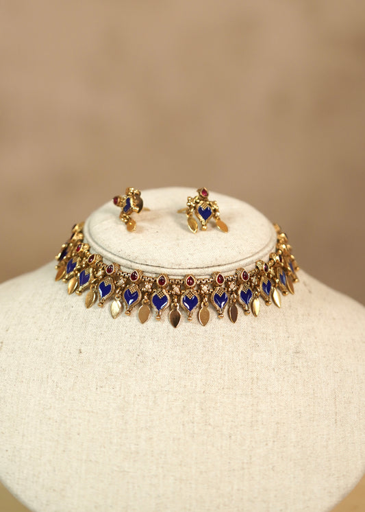 Blue Antique Palakka Elakkathali Fusion Choker- Neelambari
