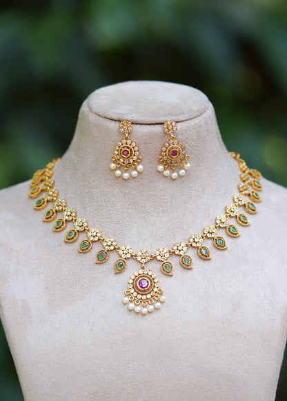 Premium Antique Palakka & CZ Medallion Necklace Set – Aathira