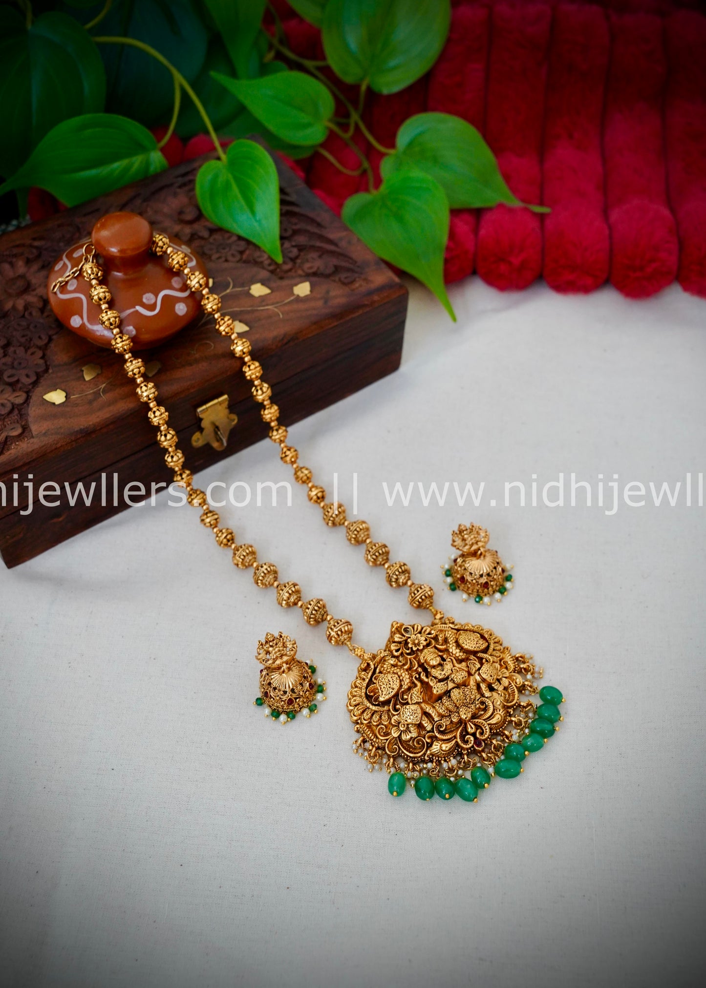 Premium Lakhmi haram with green beads