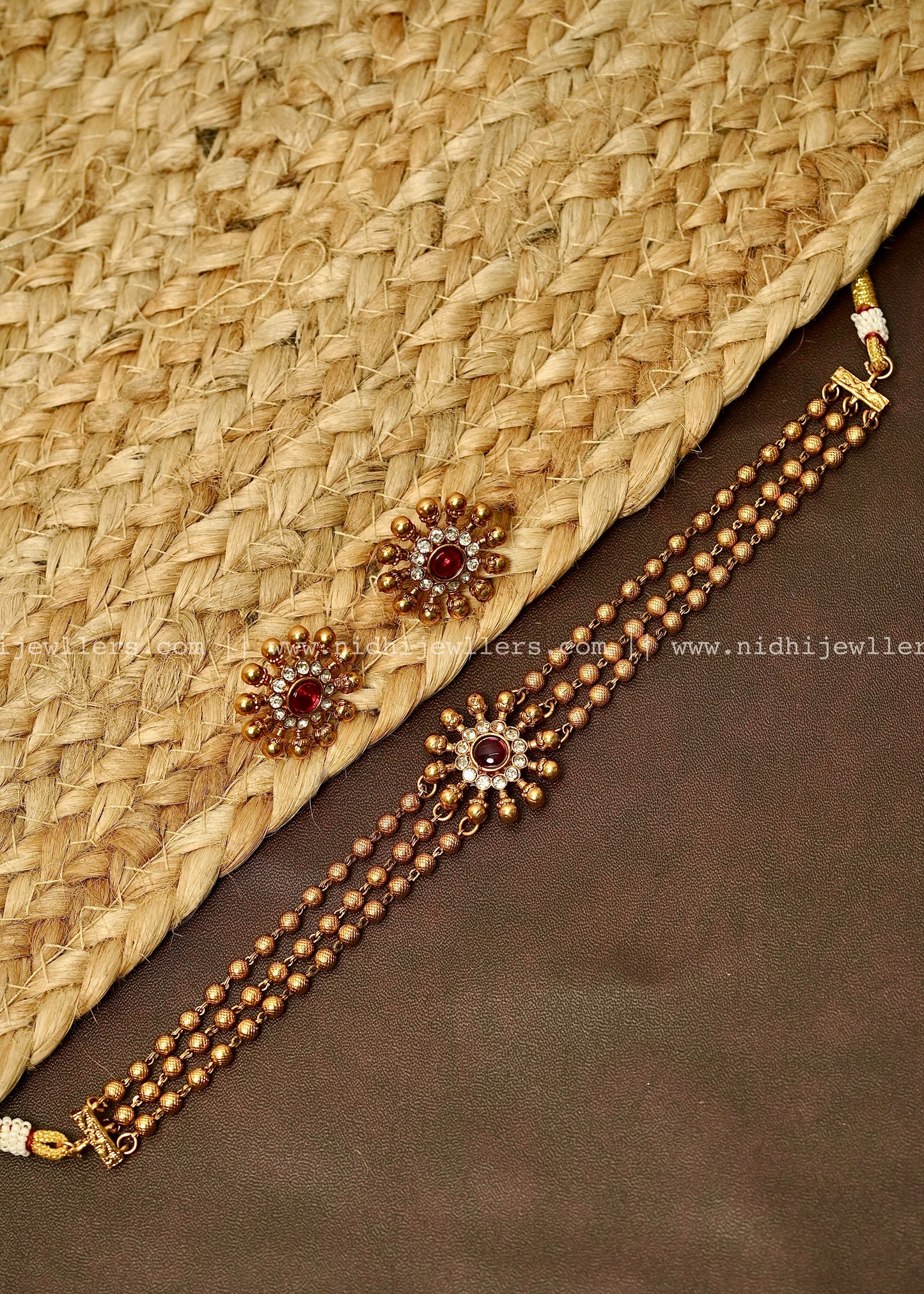 3 line golden beads floral choker