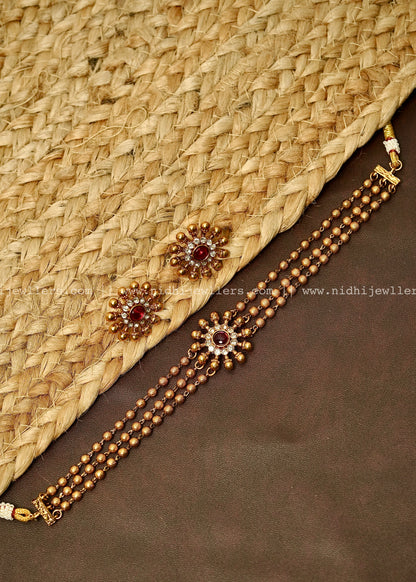 3 line golden beads floral choker