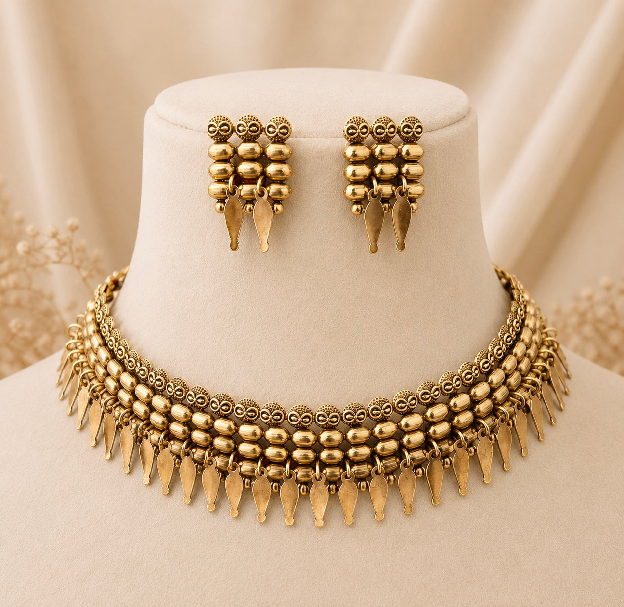 Antique Filigree Elakkathali Beaded Choker Set (with Earrings) ET11