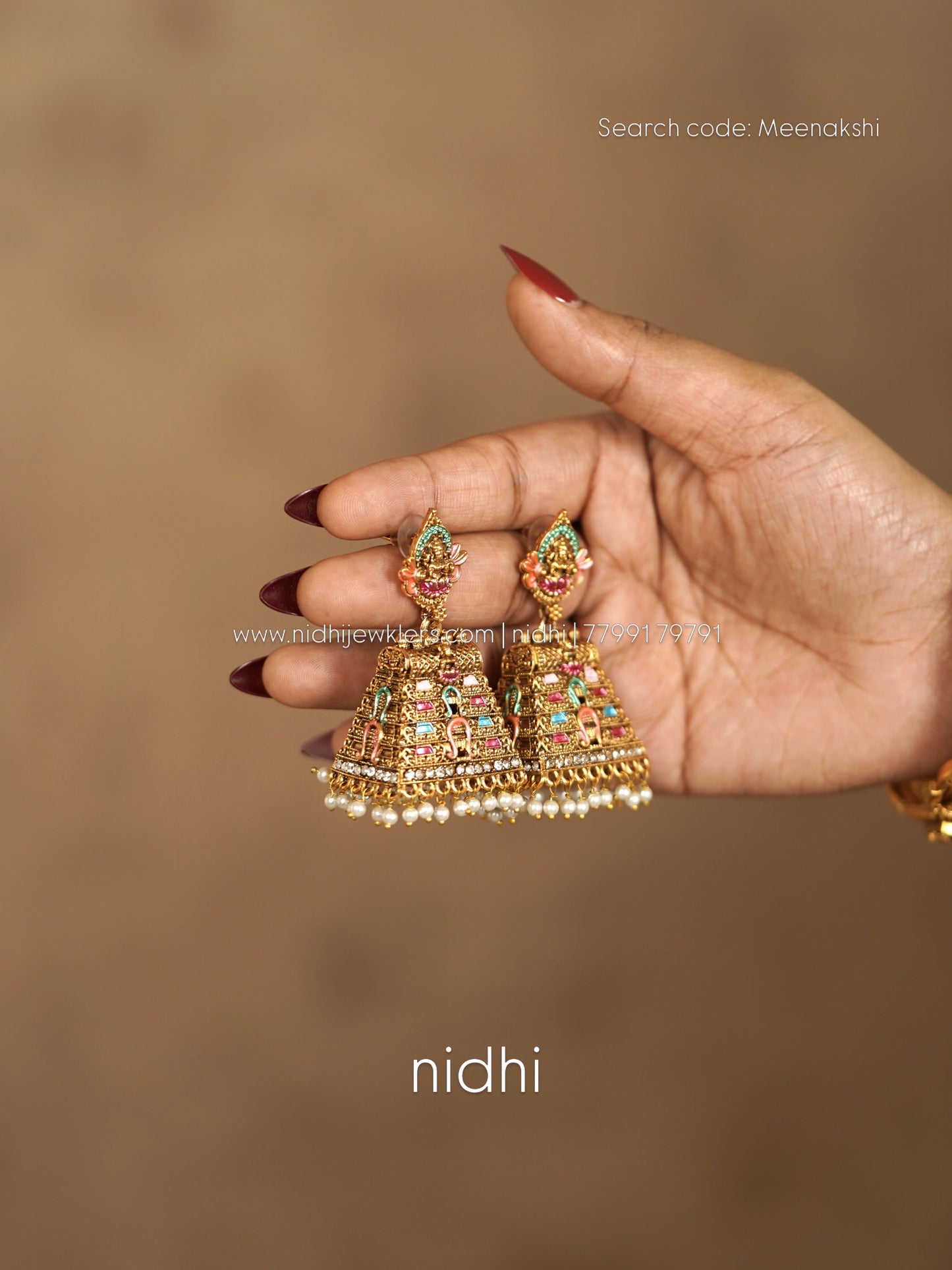 Gopuram Style Antique Goddess Lakshmi Jhumka Earrings with Pastel Enamel & Pearl Drops -Meenakari work– Meenakshi