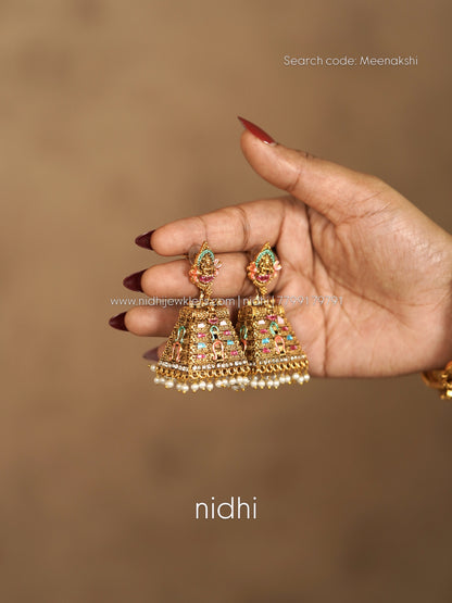 Gopuram Style Antique Goddess Lakshmi Jhumka Earrings with Pastel Enamel & Pearl Drops -Meenakari work– Meenakshi