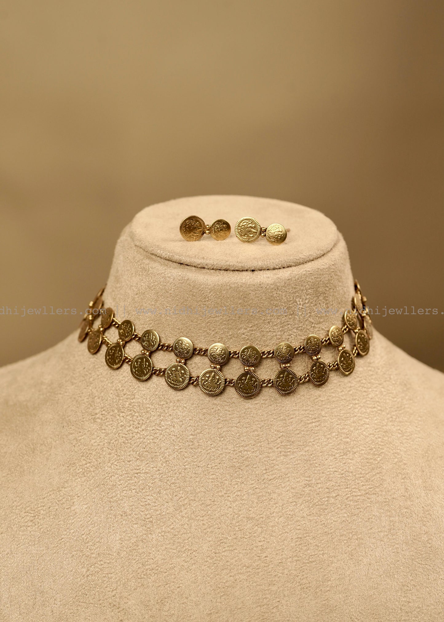 Antique Double-Layer Kasu Coin Choker Set with Matching Studs -Indira
